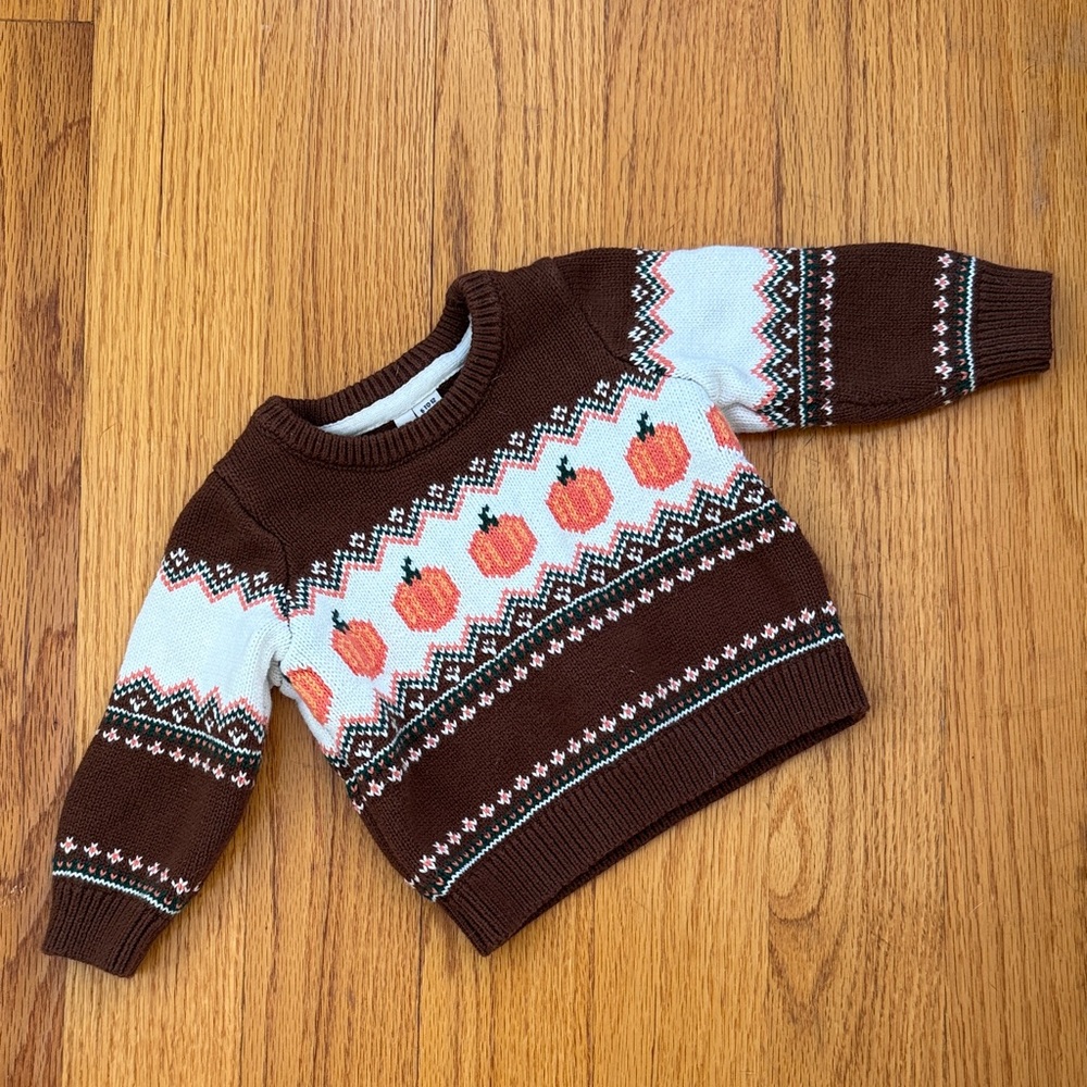 Janie and Jack Brown and White Sweater with Pumpkin Design